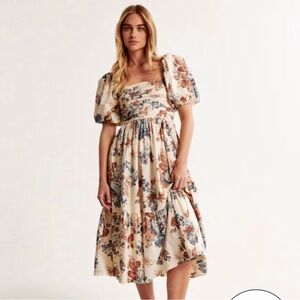 ABERCROMBIE Emerson Floral Poplin Puff Sleeves Midi Dress cream